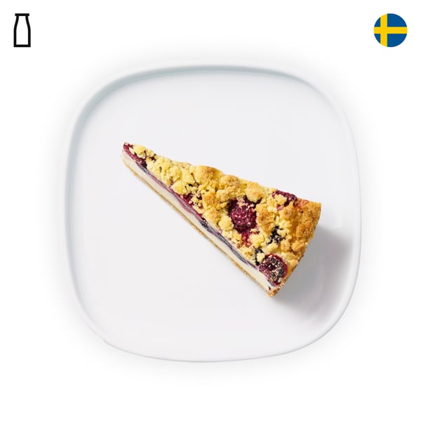 IKEA Singapore's Swedish Restaurant's menu — Blueberry raspberry cheesecake with dairy food symbol in black on the top left corner.