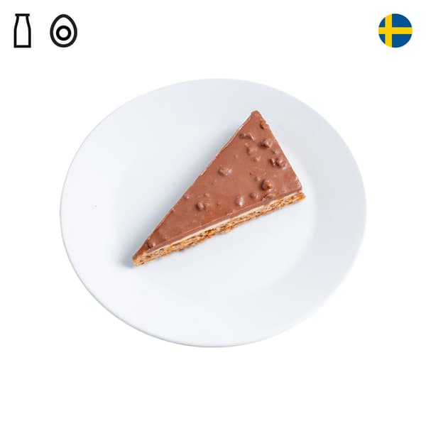 IKEA Singapore's Swedish Restaurant's menu — Crunchy almond chocolate cake with dairy and egg food symbol in black on the top left corner.