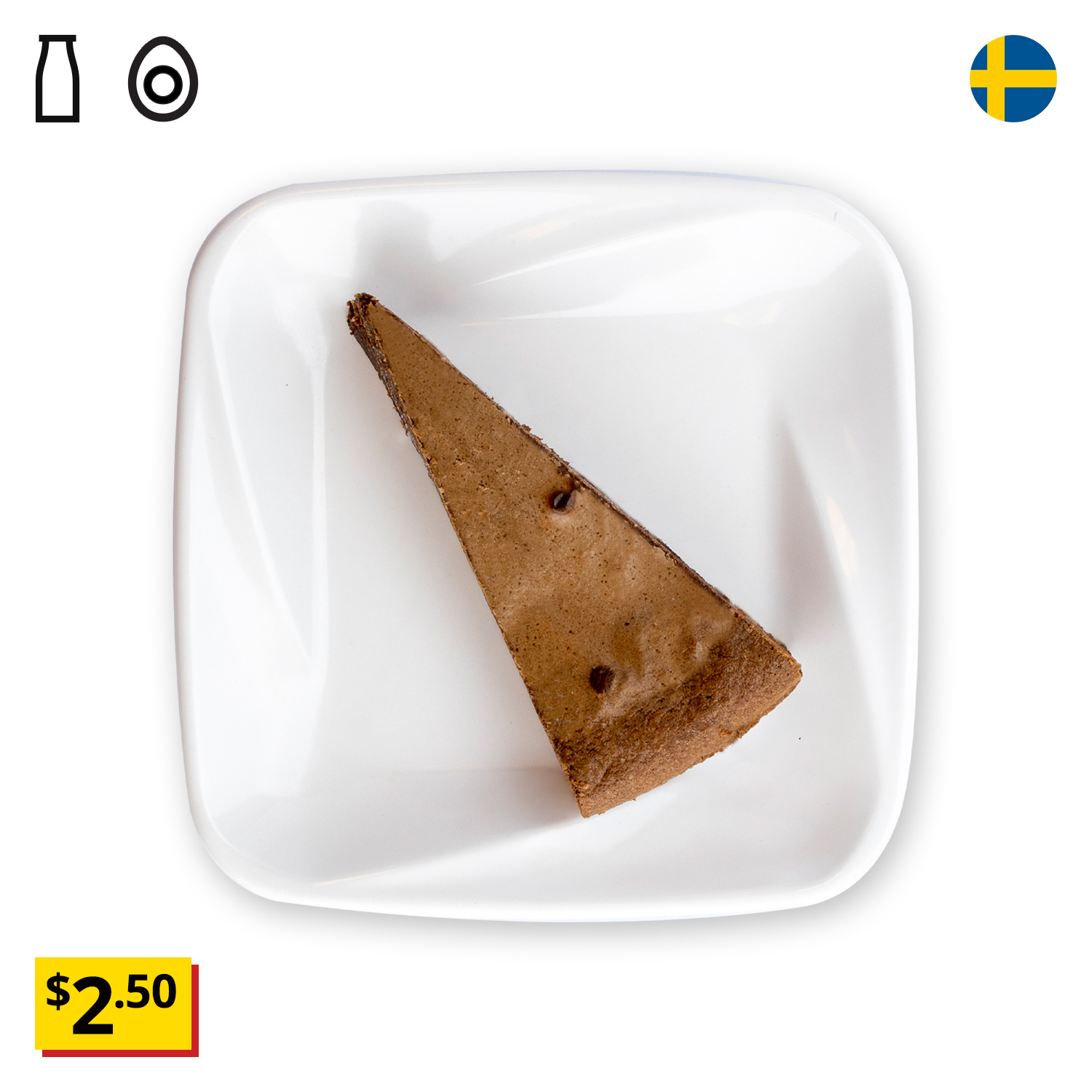 IKEA Singapore's Swedish Restaurant's menu — Gooey chocolate cake with dairy and egg food symbol in black on the top left corner.. On the bottom left, a breathe-taking price tag of $2.50.
