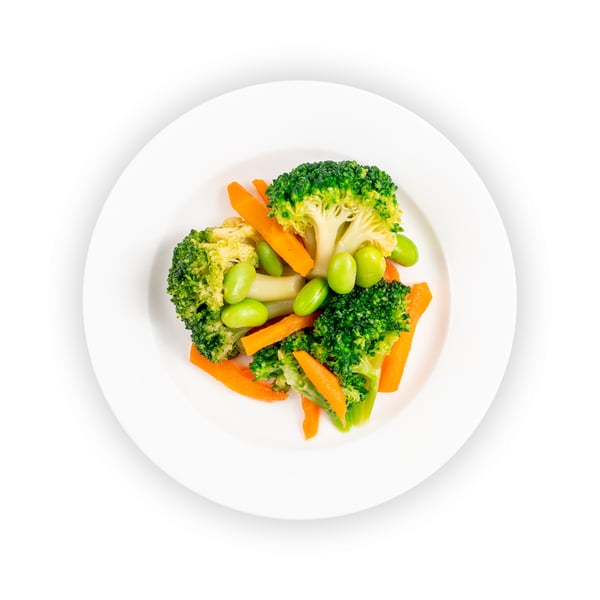 IKEA Singapore's Swedish Restaurant's menu — Mixed vegetables. A sustainability communication on the top left corner overlaying image in green with white text that reads 