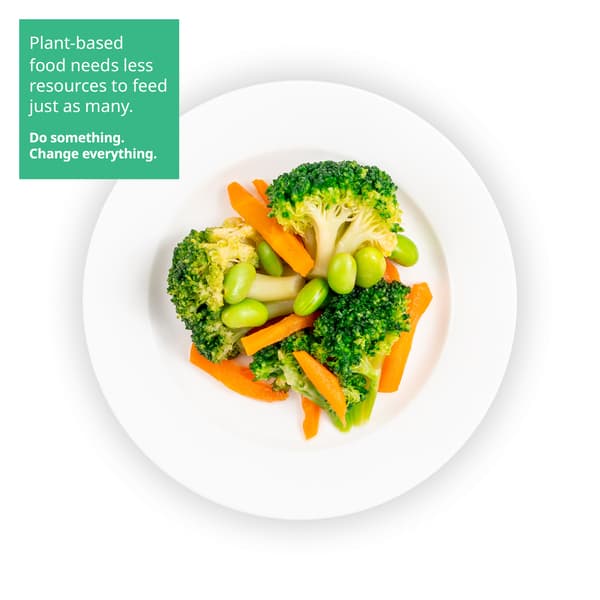 IKEA Singapore's Swedish Restaurant's menu — Mixed vegetables. A sustainability communication on the top left corner overlaying image in green with white text that reads Plant-based food needs less resources to feed just as many. Do something Change everything