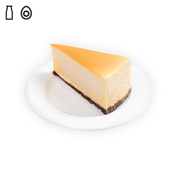 IKEA Singapore's Swedish Restaurant's menu — New York Cheesecake with dairy and egg food symbol in black on the top left corner.