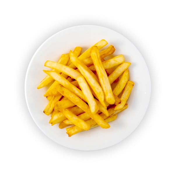 IKEA Singapore's Swedish Restaurant's menu — Potato fries. A sustainability communication on the top left corner overlaying image in green with white text that reads 