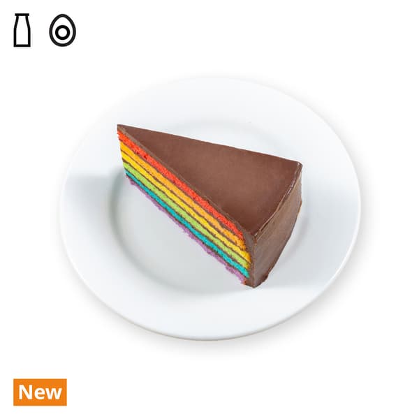 IKEA Singapore's Swedish Restaurant's menu — Rainbow cake with dairy and egg food symbol in black on the top left corner. On the bottom left corner, a orange tag with white text that reads 'New'.