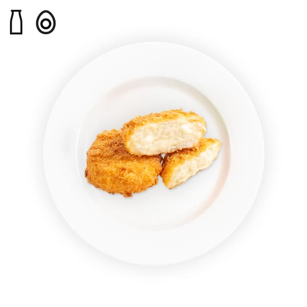 IKEA Singapore's Swedish Restaurant's menu — Truffle cheese croquette with egg and dairy food symbol in black on the top left corner.