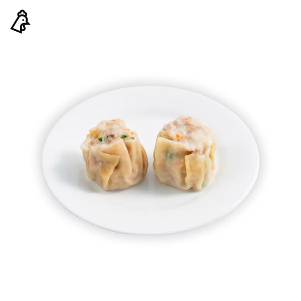 IKEA Singapore's Swedish Restaurant's menu — Two pieces of siew mai with chicken food symbol in black on the top left corner.