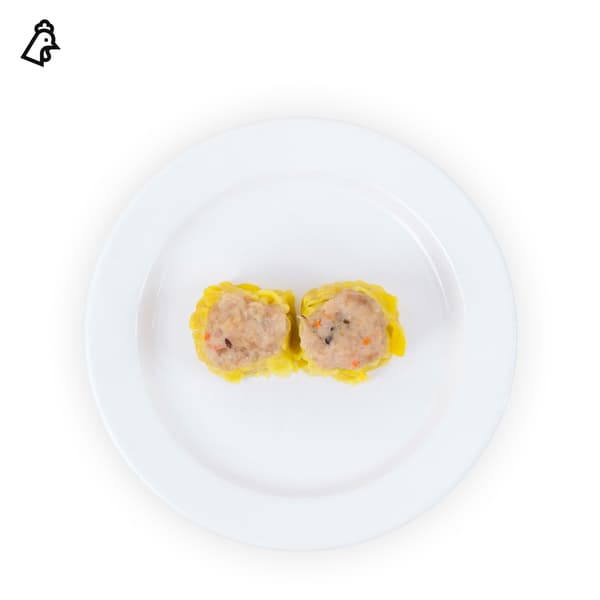 IKEA Singapore's Swedish Restaurant's menu — Two pieces of siew mai with chicken food symbol in black on the top left corner.