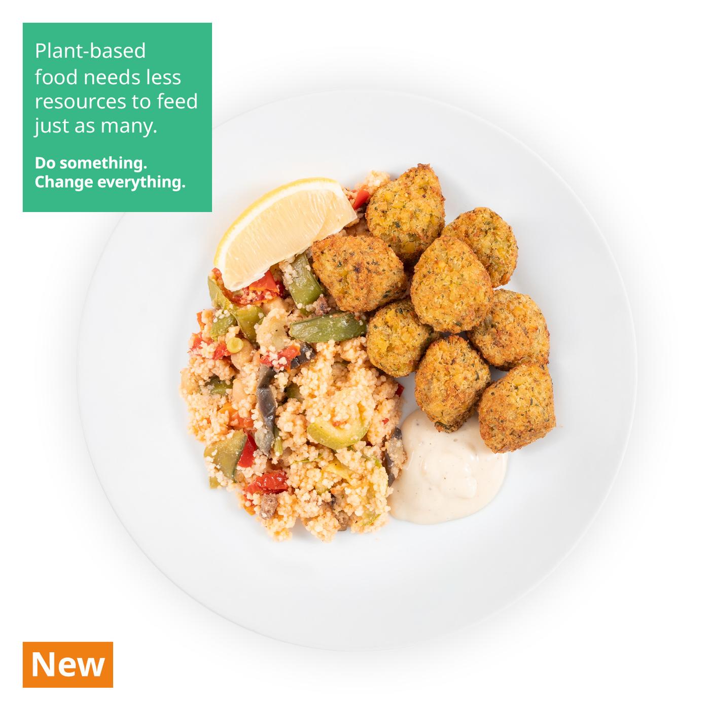 IKEA Singapore's Swedish Restaurant's plant-based menu — 8pcs Falafel balls with couscous served with aioli sauce on the side. A sustainability communication on the top left corner overlaying image in green with white text that reads "Do something. Change everything". A orange tag with white text that reads "New" at the bottom left corner.