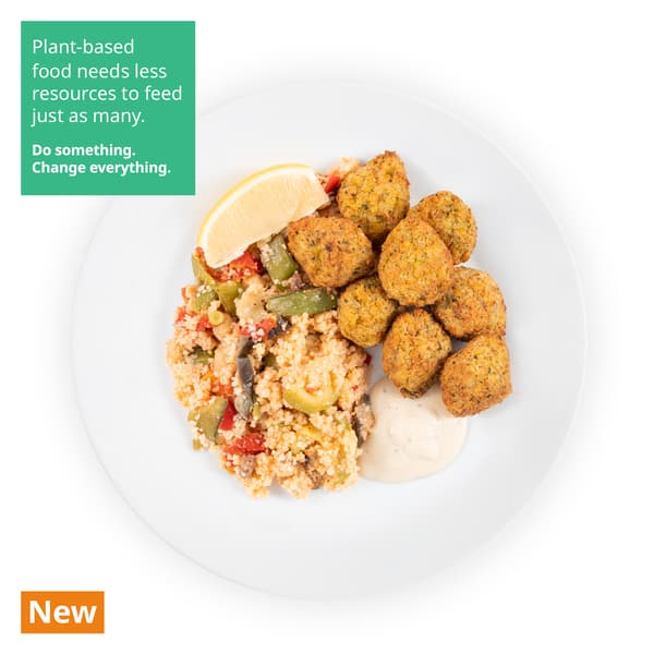 IKEA Singapore's Swedish Restaurant's plant-based menu — 8pcs Falafel balls with couscous served with aioli sauce on the side. A sustainability communication on the top left corner overlaying image in green with white text that reads 