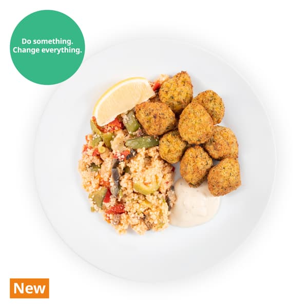 IKEA Singapore's Swedish Restaurant's plant-based menu — 8pcs Falafel balls with couscous served with aioli sauce on the side. A sustainability communication on the top left corner overlaying image in green with white text that reads 