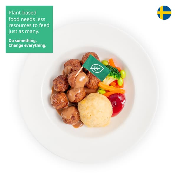 IKEA Singapore's Swedish Restaurant's plant-based menu — Plant balls with mashed potato, mixed vegetables with green soya beans, cream sauce and lingonberry jam. A sustainability communication on the top left corner overlaying image in green with white text that reads 