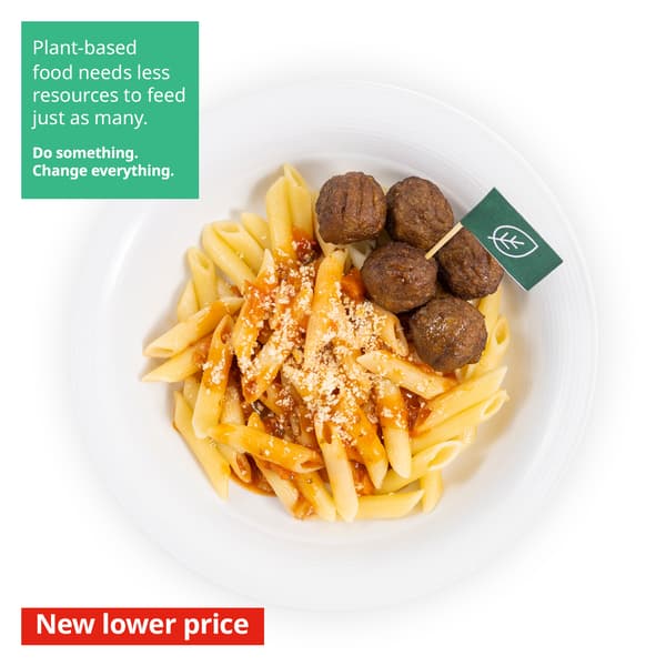 IKEA Singapore's Swedish Restaurant's plant-based menu — Plant ball with organic penne pasta in tomato sauce. A sustainability communication on the top left corner overlaying image in green with white text that reads 