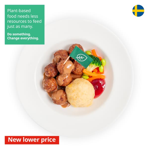 IKEA Singapore's Swedish Restaurant's plant-based menu — Plant balls with mashed potato, mixed vegetables with green soya beans, cream sauce and lingonberry jam. A sustainability communication on the top left corner overlaying image in green with white text that reads 