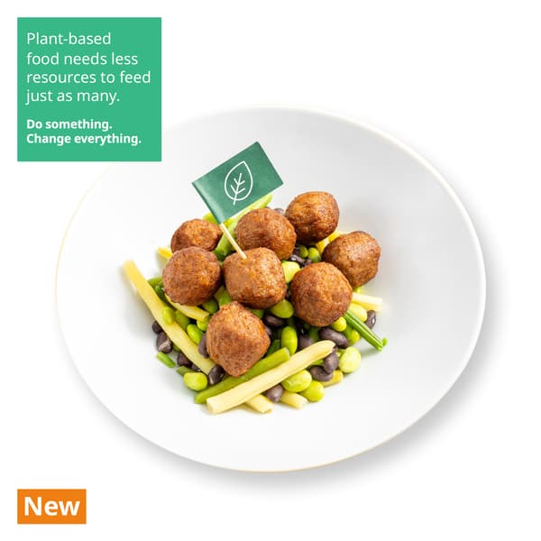 IKEA Singapore's Swedish Restaurant's plant-based menu — Plant balls in East Asia style Plant ball with Bean Mixed and meatball cream sauce​. A sustainability communication on the top left corner overlaying image in green with white text that reads 