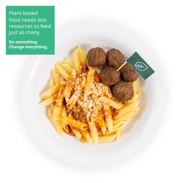 IKEA Singapore's Swedish Restaurant's plant-based menu — Plant ball with organic penne pasta in tomato sauce. A sustainability communication on the top left corner overlaying image in green with white text that reads 