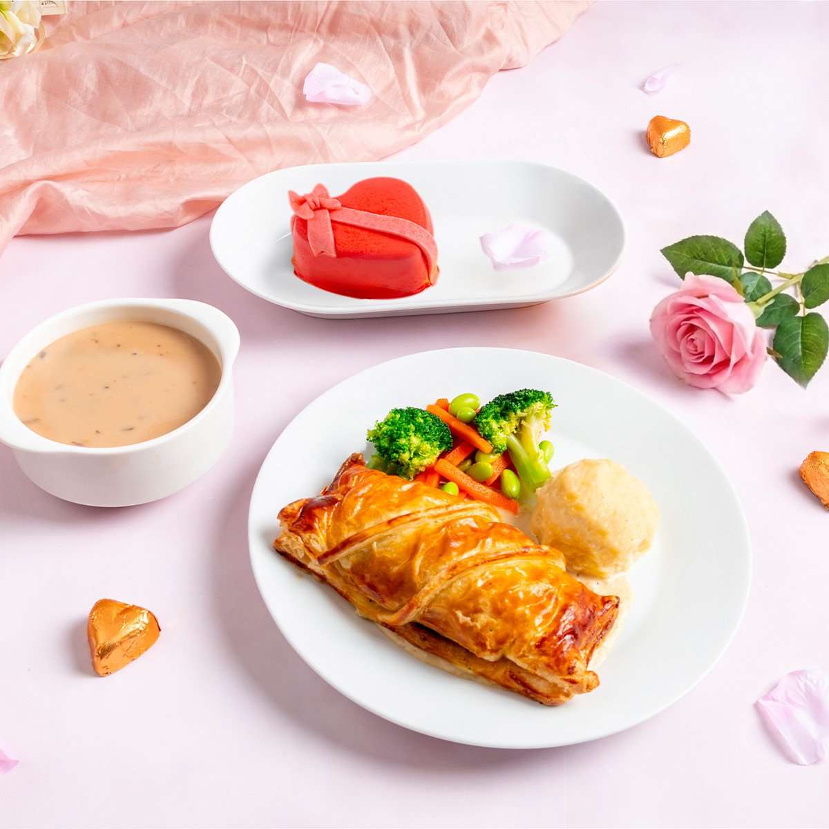 IKEA Singapore's Swedish Restaurant's Valentine's Special — Pork & mushroom in pastry with honey mustard sauce, mashed potatoes & mixed vegetables, mushroom soup & petite princess cake