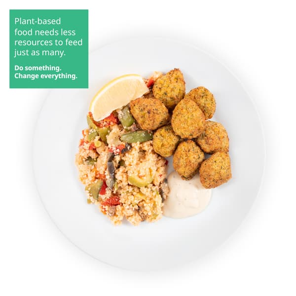 IKEA Singapore's Swedish Restaurant's Vesak Day offer — 8pcs Falafel balls with couscous served with aioli sauce on the side. A sustainability communication on the top left corner overlaying image in green with white text that reads 