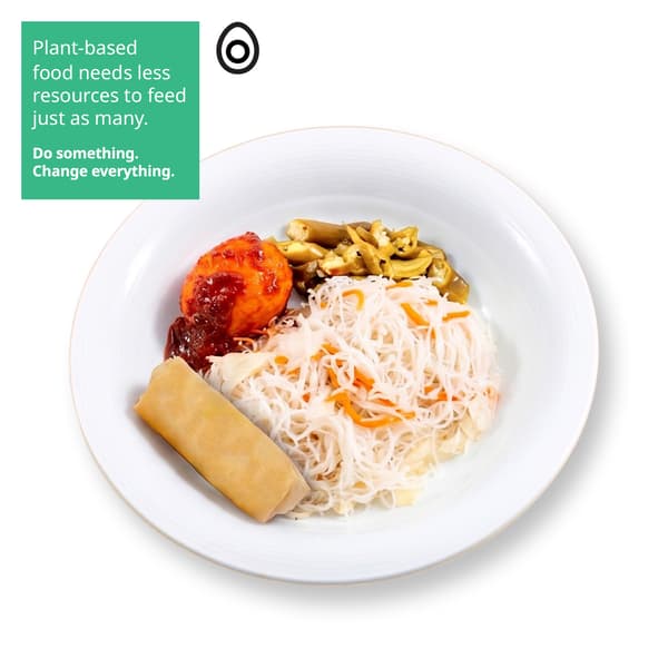 IKEA Singapore's Swedish Restaurant's weekend breakfast rotation — Stir fried bee hoon with spring roll and sambal egg. On the top-left corner of the image, there is a green overlay containing the following white text: 'Plant-based food needs fewer resources to feed just as many. Do something. Change everything', followed by an egg food symbol in black on the right.