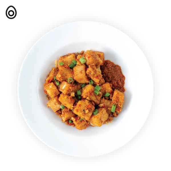 IKEA Singapore's Swedish Restaurant's weekly breakfast rotation — Carrot cake with sambal chilli. A egg food symbol in black on top left corner.