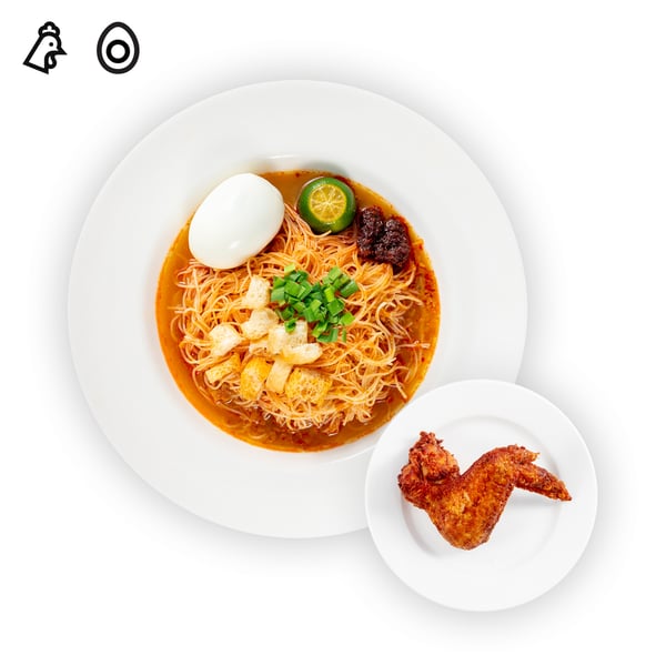 IKEA Singapore's Swedish Restaurant's weekly breakfast rotation — Mee siam with hard-boiled egg and 1pc chicken wing set with chicken and egg food symbol in black on top left corner.