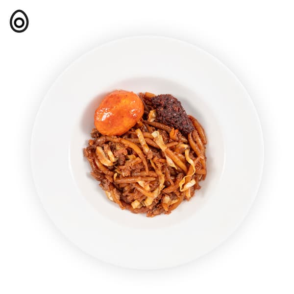 IKEA Singapore's Swedish Restaurant's weekly breakfast rotation — Mee tai Bak with sambal chilli. A egg food symbol in black on top left corner.