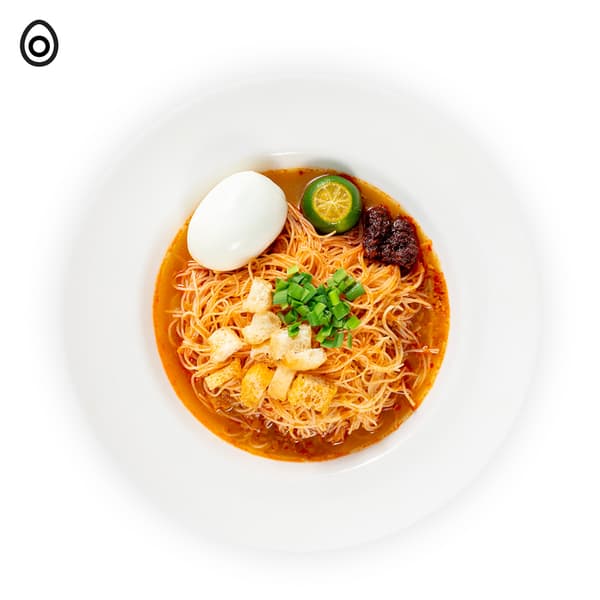 IKEA Singapore's Swedish Restaurant's weekly breakfast rotation — Mee siam with hard-boiled egg. A egg food symbol in black on top left corner.