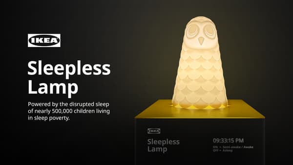 IKEA Sleepless Lamp text on page featuring an owl-shaped lamp on a box, highlighting the issue of sleep poverty affecting children.