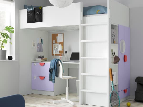 IKEA SMÅSTAD loft bed in white with purple drawer fronts and doors.