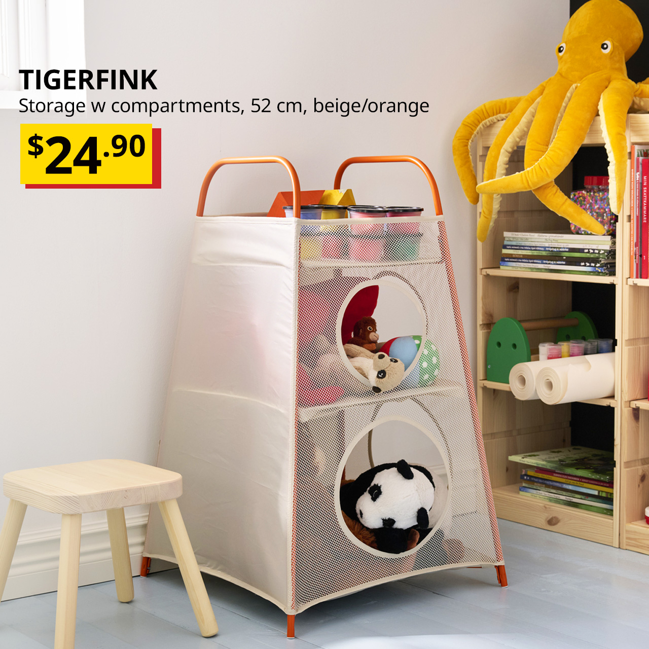 IKEA soft toys stored in beige/orange TIGERFINK storage with compartments in children's room, $24.90.