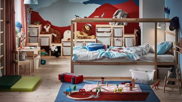 IKEA STUVA white wardrobe and SLÄKT white bed are the perfect basis to express yourself with colourful bedspreads, bright bold wall colours and more to help make your personality pop.