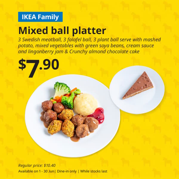 IKEA Swedish Restaurant mixed ball platter with Swedish meatballs, falafel balls, plant balls, mashed potatoes, vegetables, lingonberry jam and chocolate cake dessert.