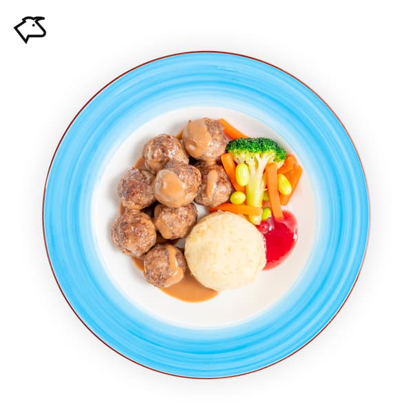 IKEA Tampines Halal Restaurant's April's $5 deal after 5 — Beef meatballs with mashed potato, mixed vegetables with green soya beans, cream sauce and lingonberry jam with the beef food symbol in black on the top left corner.