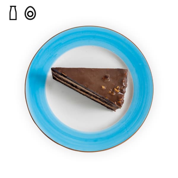 IKEA Tampines Halal Restaurant's desserts — A slice of Chocolate Hazelnut cake with food allergens of dairy and egg in black on top left corner.