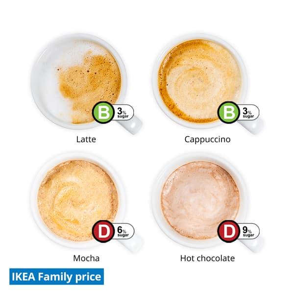 IKEA Tampines Halal Restaurant's Fika  — Latte, cappuccino, mocha or hot chocolate. Non-refillable. $1.50/cup. Collect a token at the check-outs later to dispense your beverage. 