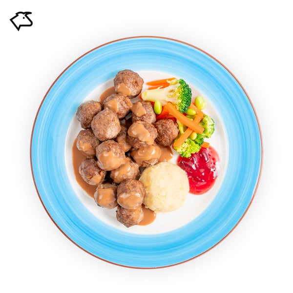 IKEA Tampines Halal Restaurant's hot dishes  — 16 pieces of Beef meatballs with mashed potato, mixed vegetables with green soya beans, cream sauce and lingonberry jam, with the beef food symbol in black on the top left corner.