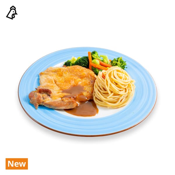IKEA Tampines Halal Restaurant's hot dishes  — Baked chicken chop with aglio olio and mixed vegetables. A chicken food symbol in black on the top left corner.