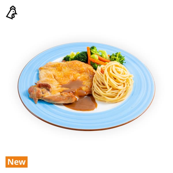 IKEA Tampines Halal Restaurant's hot dishes  — Baked chicken chop with aglio olio and mixed vegetables. A chicken food symbol in black on the top left corner.