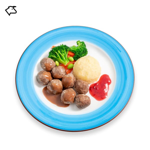 IKEA Tampines Halal Restaurant's hot dishes  — Beef meatballs with mashed potato, mixed vegetables with green soya beans, cream sauce and lingonberry jam, with the beef food symbol in black on the top left corner.