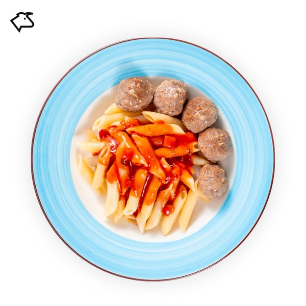 IKEA Tampines Halal Restaurant's hot dishes  — Beef meatballs with organic penne pasta in tomato sauce, with the beef food symbol in black on the top left corner.