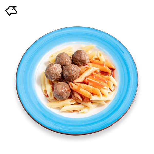 IKEA Tampines Halal Restaurant's hot dishes  — Beef meatballs with organic penne pasta in tomato sauce, with the beef food symbol in black on the top left corner.