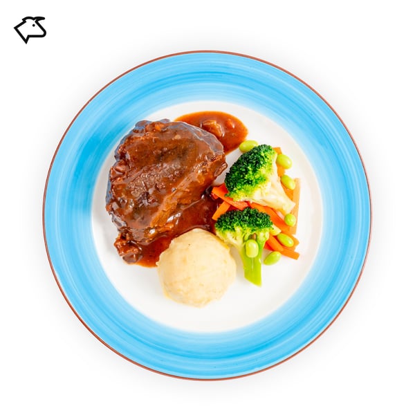 IKEA Tampines Halal Restaurant's hot dishes — Braised beef cheeks with mashed potato and mixed vegetables, with beef food symbol in black on the top left corner.