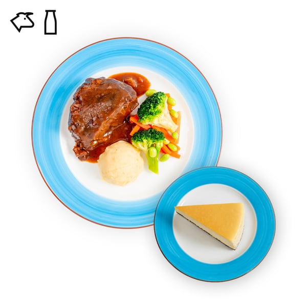 IKEA Tampines Halal Restaurant's hot dishes — Braised beef cheeks with mashed potato and mixed vegetables & New York cheesecake, with beef and dairy food symbol in black on the top left corner.
