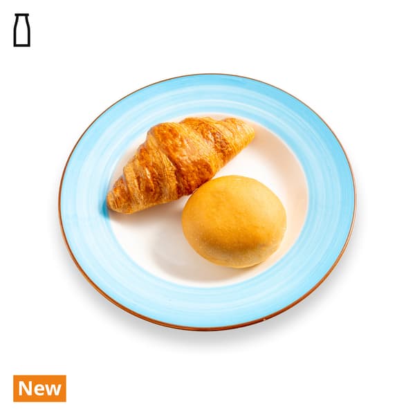 IKEA Tampines Halal Restaurant's hot dishes — Mini croissant and plain soft roll set. A dairy and egg food symbol in black on the top left corner.