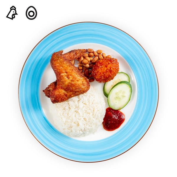 IKEA Tampines Halal Restaurant's hot dishes  — Nasi lemak with 1pc of chicken wing and sambal hard-boiled egg, with the chicken & egg food symbol in black on the top left corner.