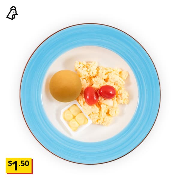 IKEA Tampines Halal Restaurant's hot dishes — Plain soft roll & scrambled egg breakfast set with 1 butter. An egg food symbol in black on the top left corner with a breath-taking price tag in yellow of $1.50.