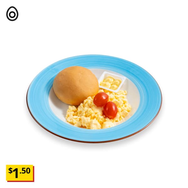 IKEA Tampines Halal Restaurant's hot dishes — Soft butter roll & scrambled egg breakfast set with 1 butter. An egg food symbol in black on the top left corner with a breath-taking price tag in yellow of $1.50.