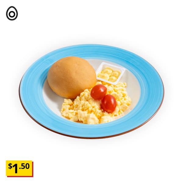 IKEA Tampines Halal Restaurant's hot dishes — Soft butter roll & scrambled egg breakfast set with 1 butter. An egg food symbol in black on the top left corner with a breath-taking price tag in yellow of $1.50.