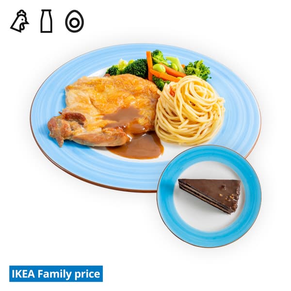 IKEA Tampines Halal Restaurant's IKEA Family offer  — IKEA Tampines Halal Restaurant's hot dishes  — Baked chicken chop with aglio olio and mixed vegetables  & chocolate hazelnut cake. A chicken, diary and egg food symbol in black on the top left corner.