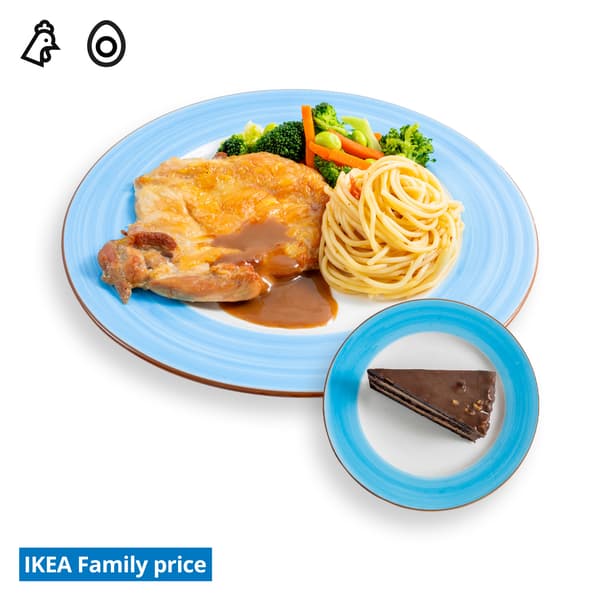IKEA Tampines Halal Restaurant's IKEA Family offer  — IKEA Tampines Halal Restaurant's hot dishes  — Baked chicken chop with aglio olio and mixed vegetables  & chocolate hazelnut cake. Food allergen symbols of chicken and egg in black on the top left-hand.  The IKEA Family price tag is displayed in blue and white text, positioned at the bottom left of the image.