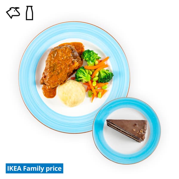 IKEA Tampines Halal Restaurant's IKEA Family offer  — Rendang beef set & chocolate hazelnut cake, with the beef & diary food symbol in black on the top left corner.